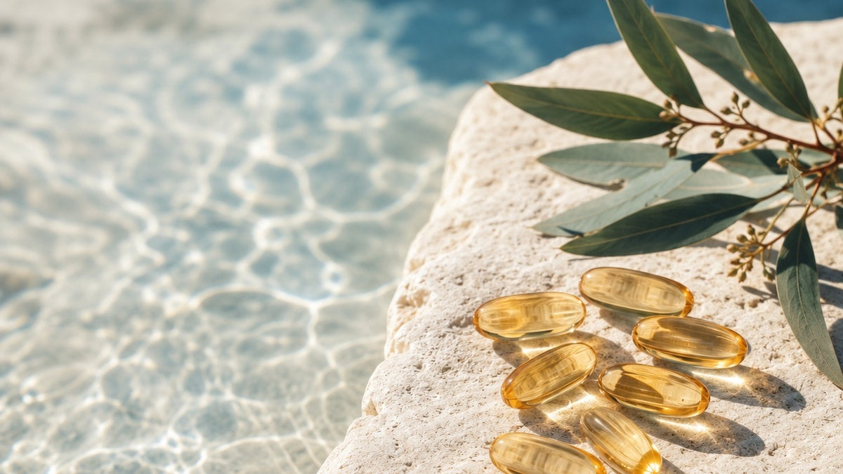 Fish oil capsules beside clear coastal water